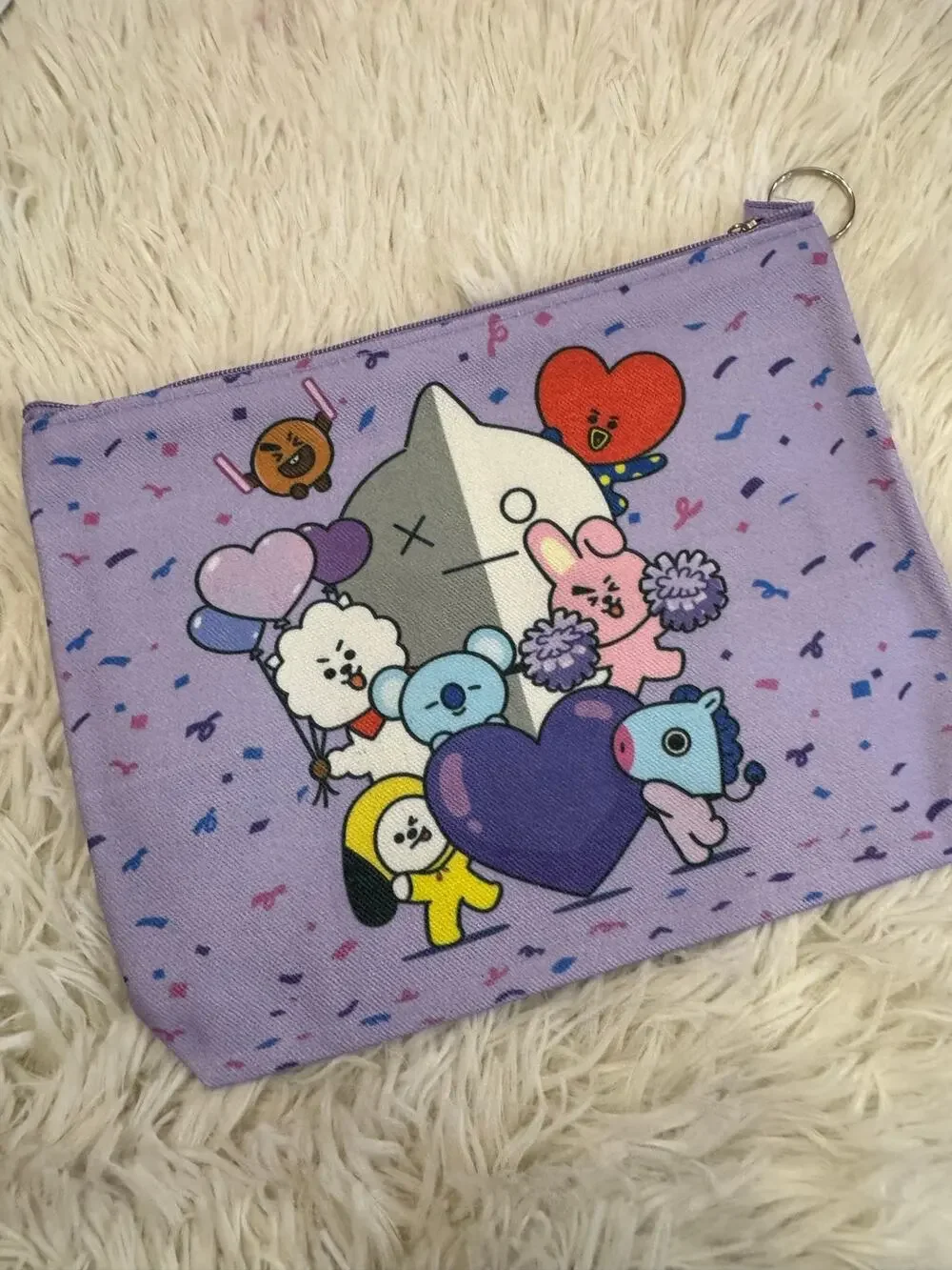 Purple BT21 pencil/make up pouch cartoon characters and hearts K-pop keychain